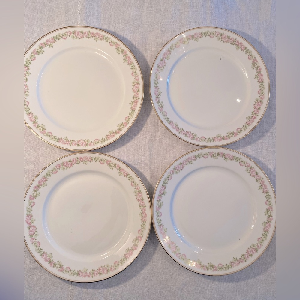 4 Vintage 9” white lunch plates - Pope & Gosser China pink & green flowers
